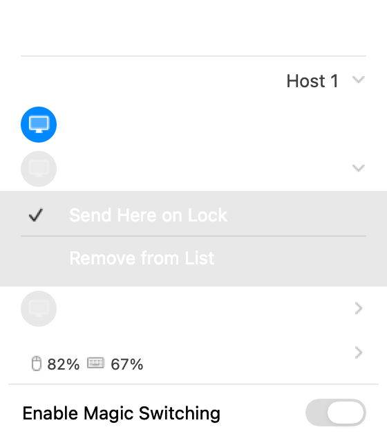 the switchblade menubar panel: three hosts, Host 1 current, m2 set to Send Here on Lock, mouse at 82% and keyboard at 67%, Magic Switching on